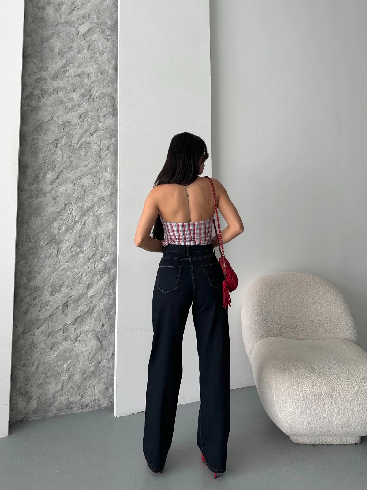 Palazzo süper taş enzim tint yıkama koyu lacivert jeans pantolon d2008