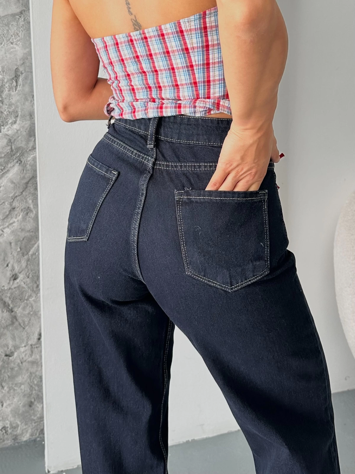 Palazzo süper taş enzim tint yıkama koyu lacivert jeans pantolon d2008