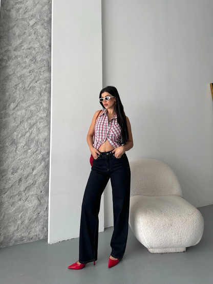 Palazzo süper taş enzim tint yıkama koyu lacivert jeans pantolon d2008