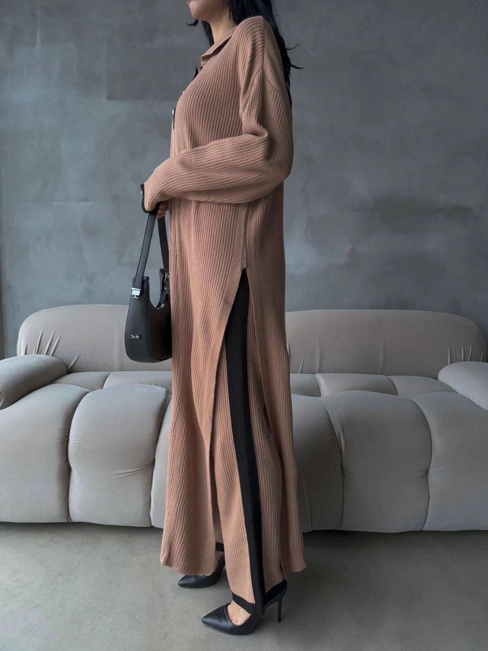 Pantolon yırtmaçlı elbise ikili triko takım vizon elf