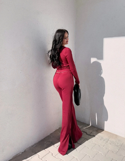 Pencereli detaylı alt üst takım bordo w3864