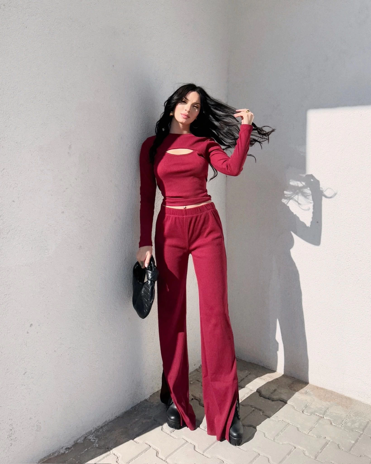 Pencereli detaylı alt üst takım bordo w3864