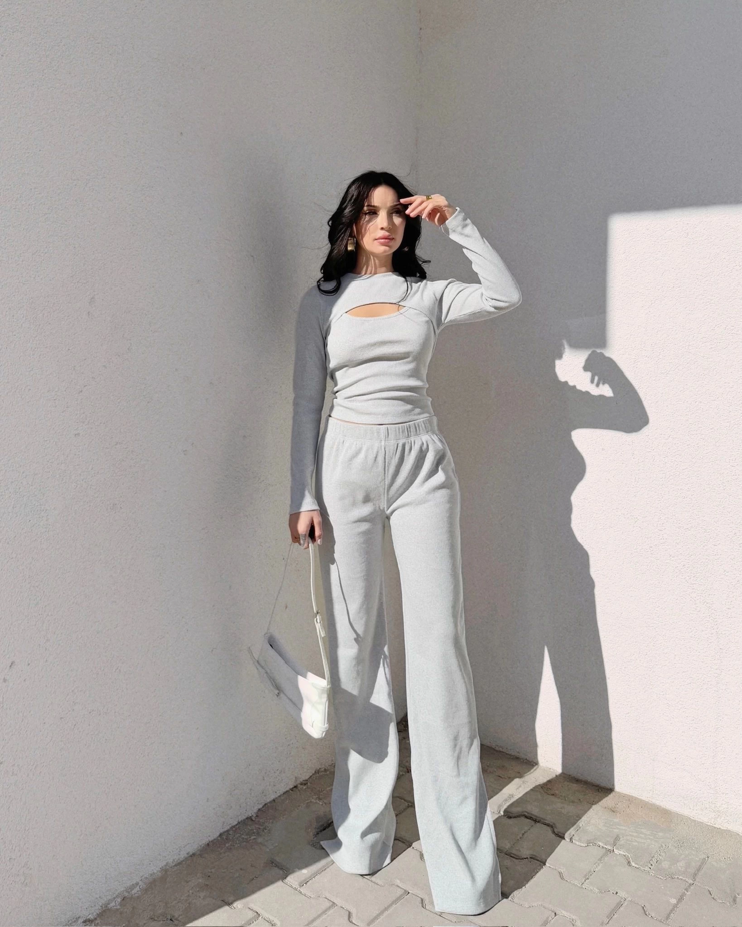 Pencereli detaylı alt üst takım gri w3864