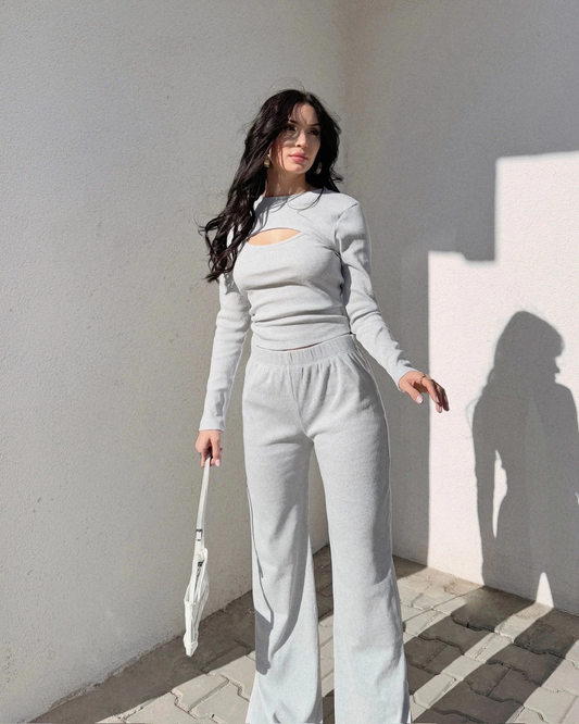 Pencereli detaylı alt üst takım gri w3864