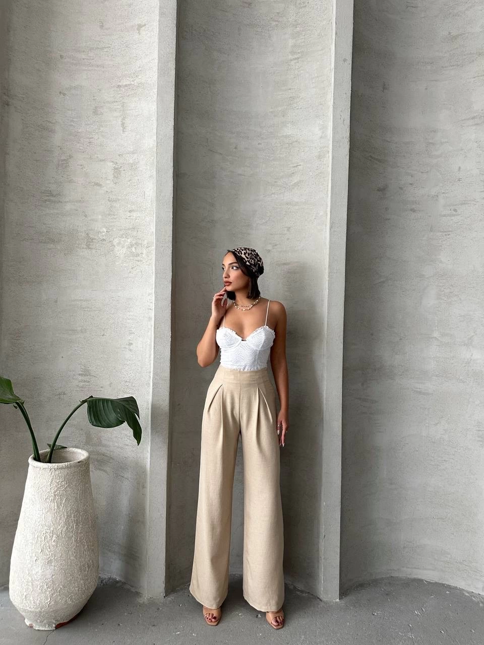 Pileli keten pantolon s255046