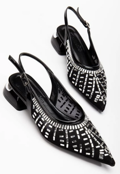 Piyar Siyah Taşlı Topuklu Ayakkabı