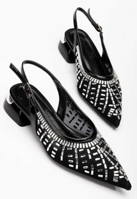 Piyar Siyah Taşlı Topuklu Ayakkabı