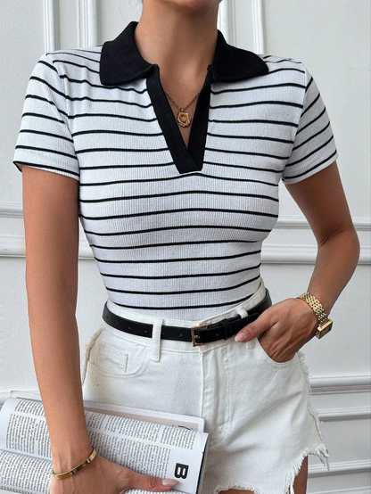 Polo yaka garnili bluz Beyazsiyah