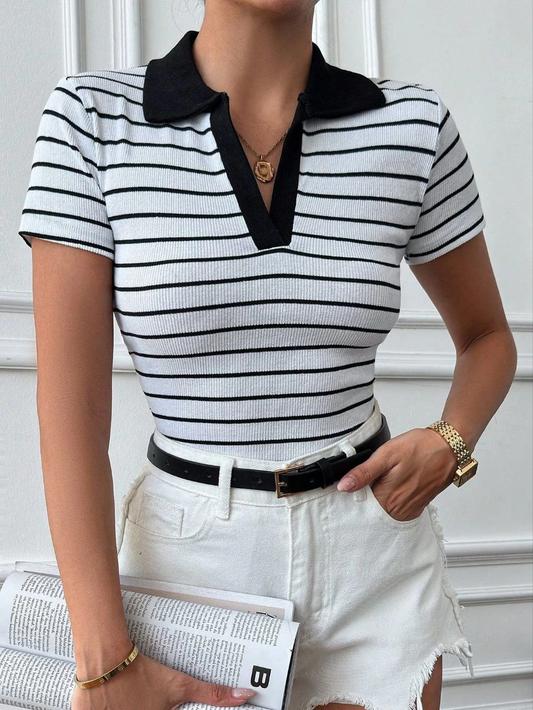 Polo yaka garnili bluz Beyazsiyah