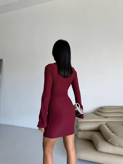 Prenses kol esnek kumaş elbise bordo f2334