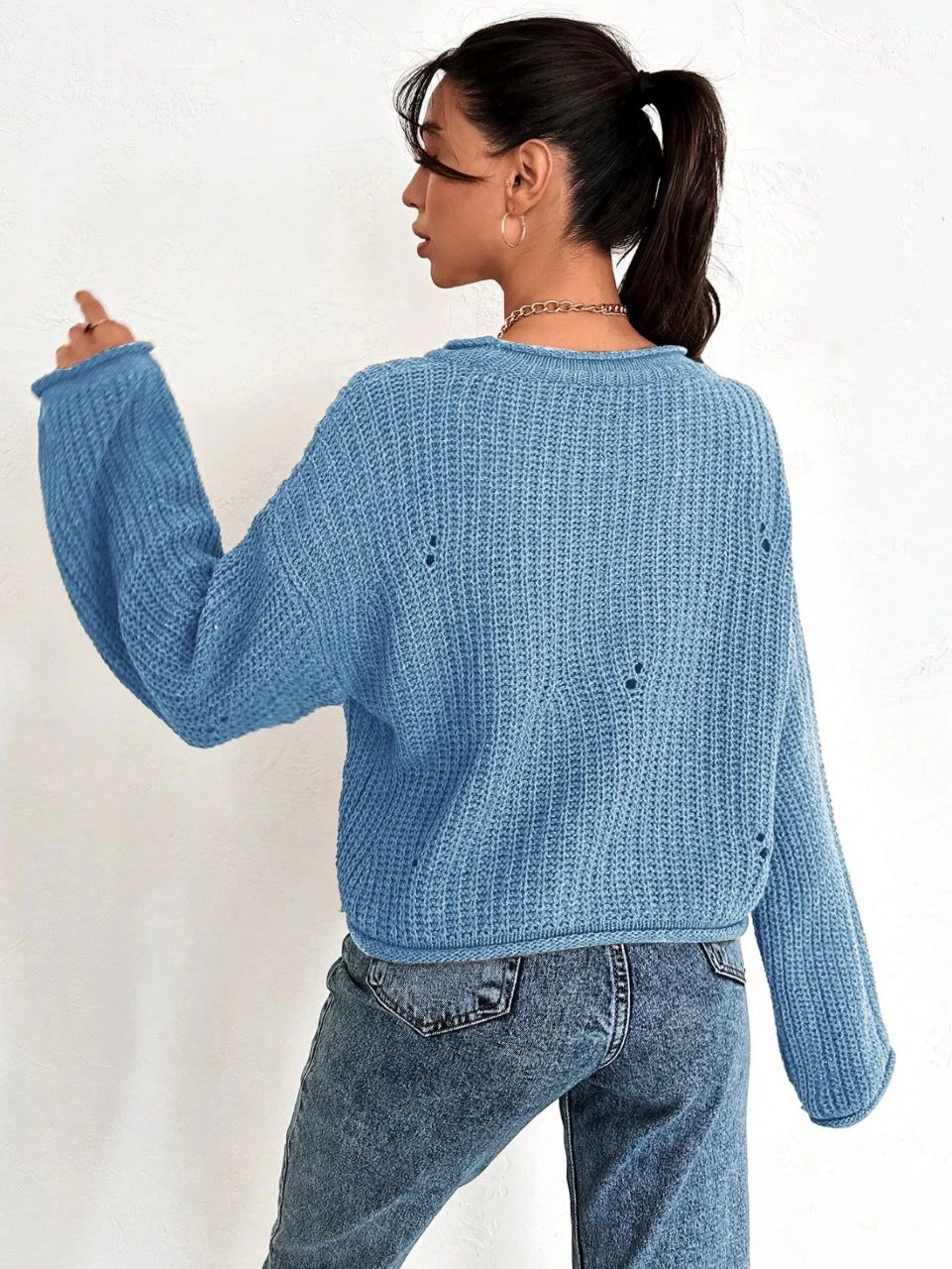 Salaş delik detaylı kazak mavi