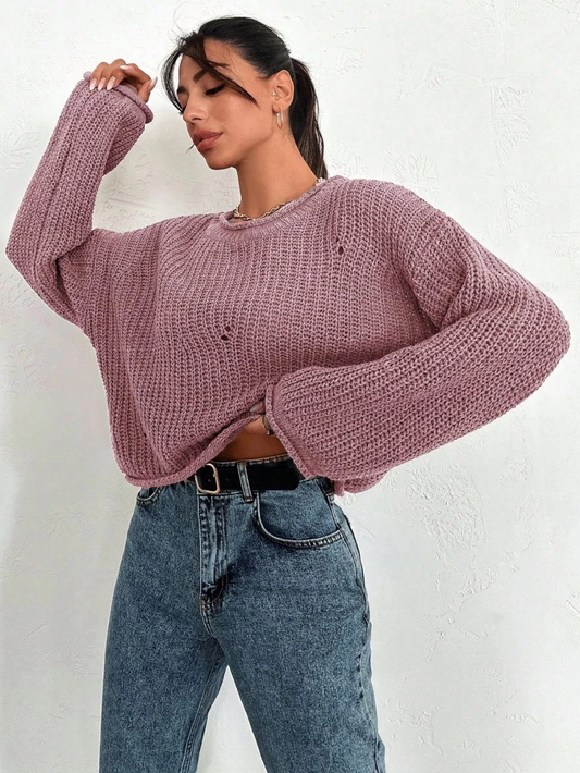 Salaş delik detaylı kazak pembe