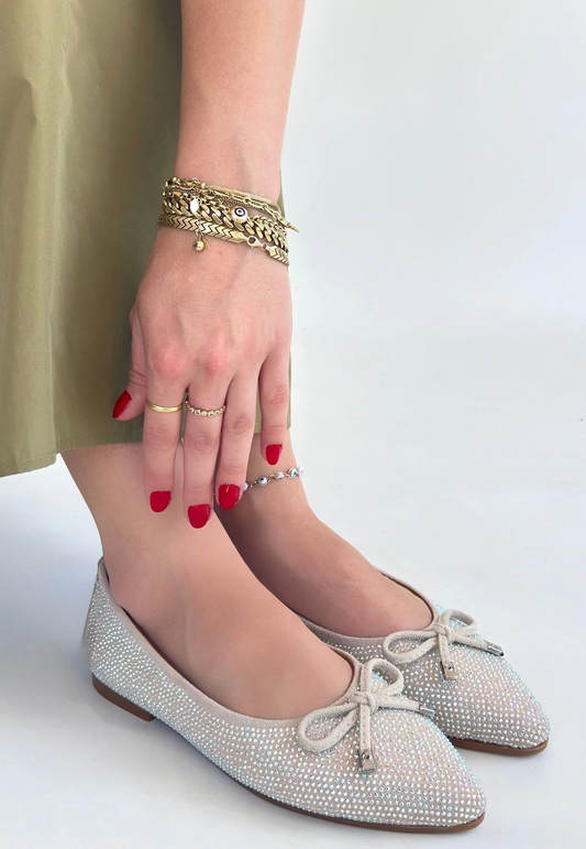 Sarra Bej Saten İşlemeli Babet Ayakkabı