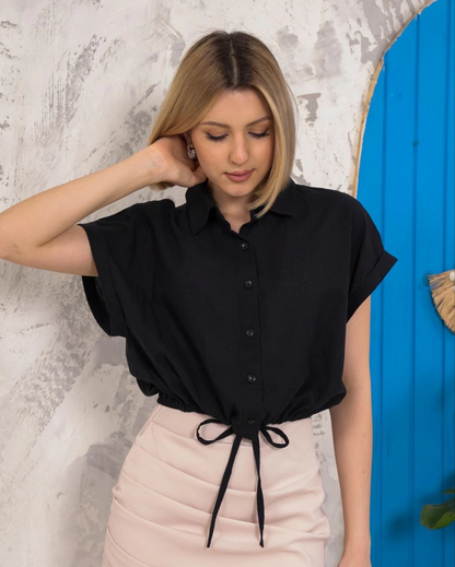 Sıfır kollu bağlamalı crop gömlek siyah s255359