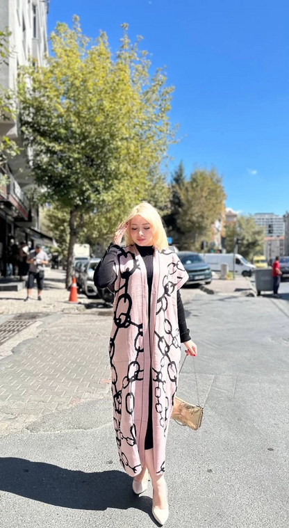 Siyah çizgi desenli elbiseli hırka takım pudra siyah