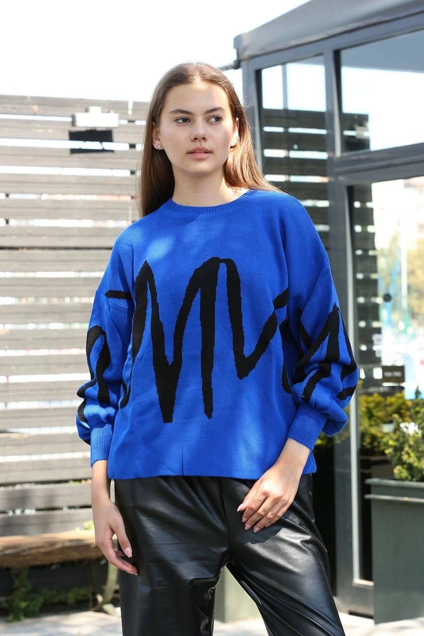 Siyah çizgili bisiklet yaka kazak Saks