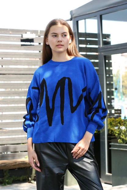 Siyah çizgili bisiklet yaka kazak Saks