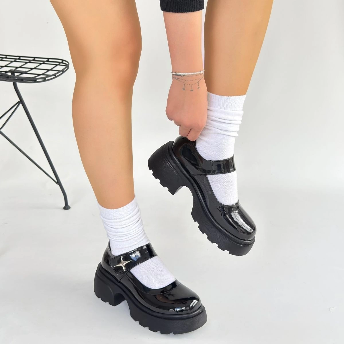 Siyat Siyah Rugan Dolgu Topuk Oxford Ayakkabı