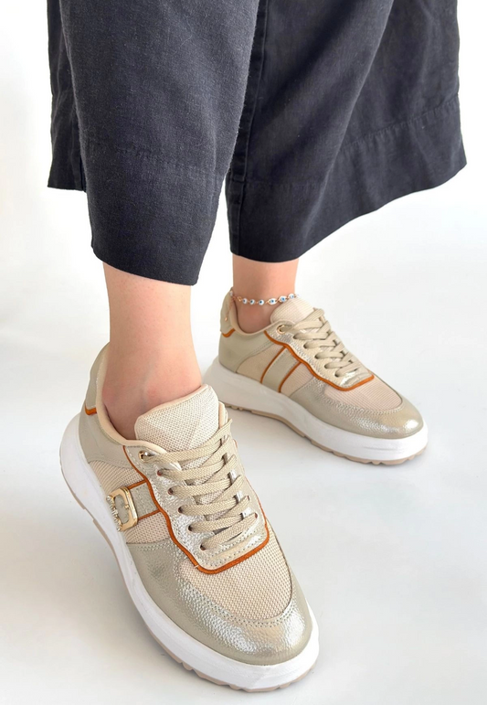 Tanwe Bej Cilt Bağcıklı Spor Ayakkabı