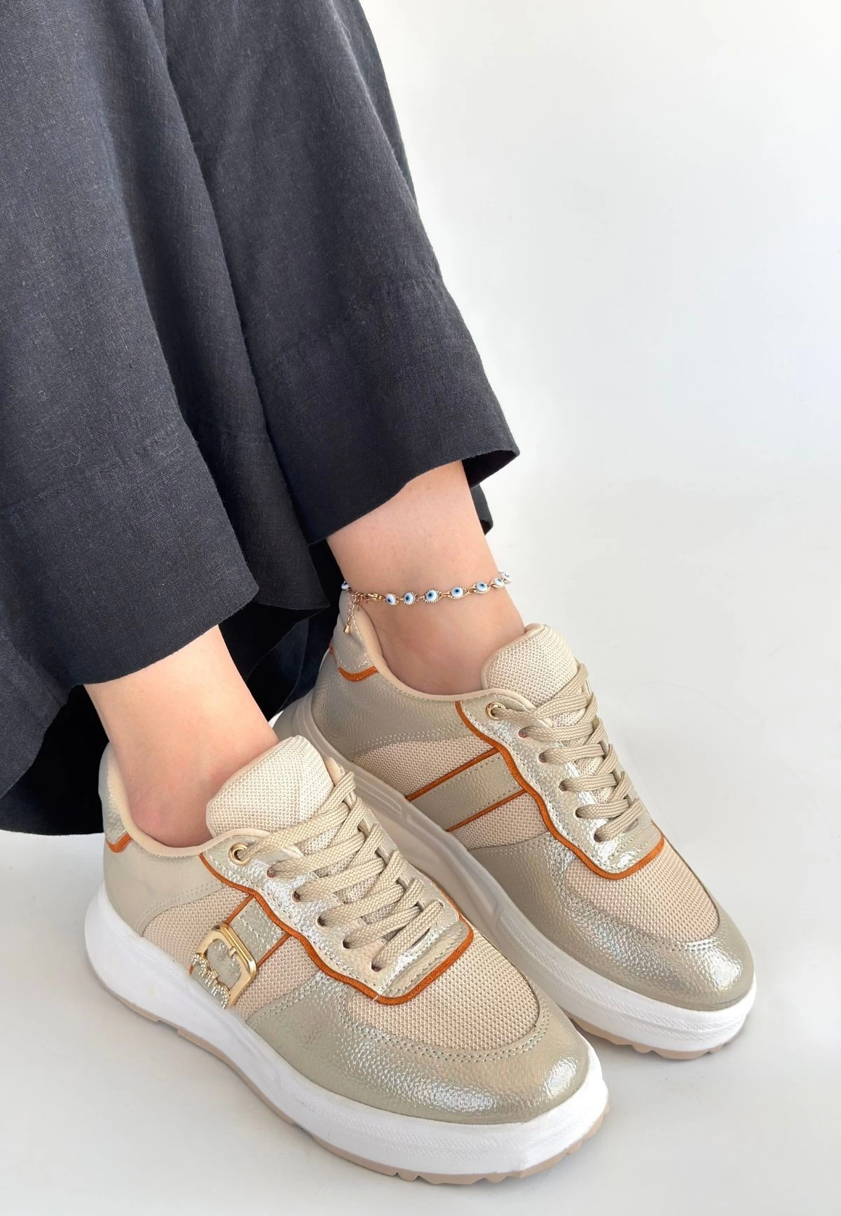 Tanwe Bej Cilt Bağcıklı Spor Ayakkabı