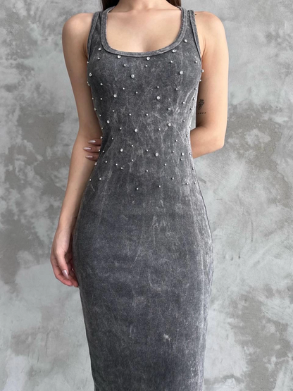 Taşlı askılı elbise