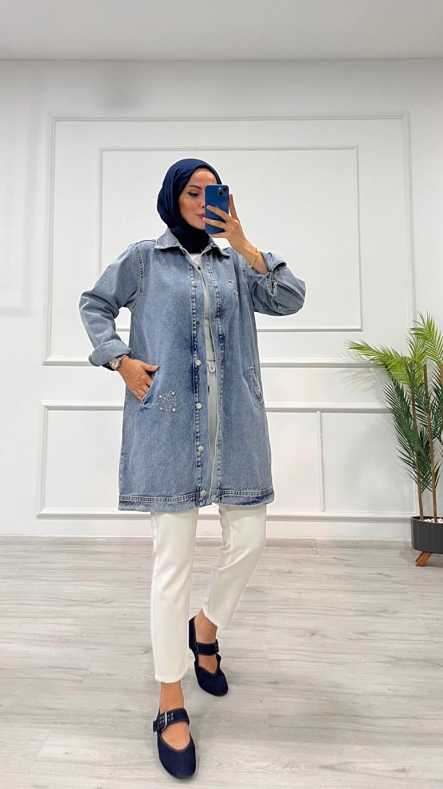 Taşlı tunik ceket kar yıkama orta mavi d2516