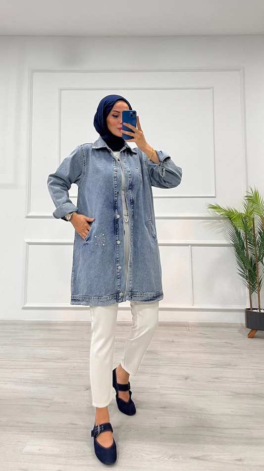 Taşlı tunik ceket kar yıkama orta mavi d2516