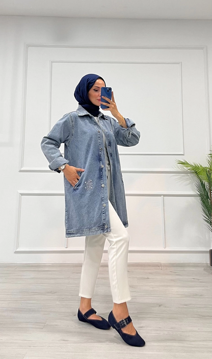 Taşlı tunik ceket kar yıkama orta mavi d2516