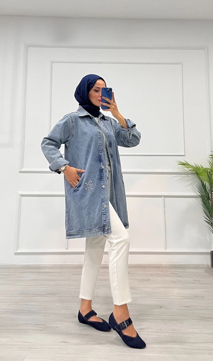 Taşlı tunik ceket kar yıkamalı mavi d2516