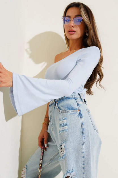 Tek Omuzlu Basic Bluz Mavi T4275