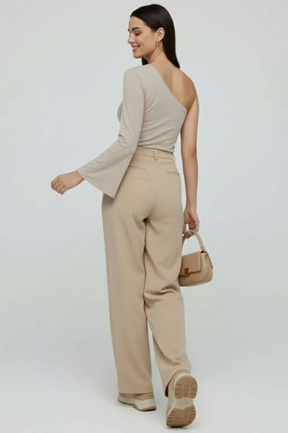 Tek Omuzlu Basic Bluz Vizon T4275