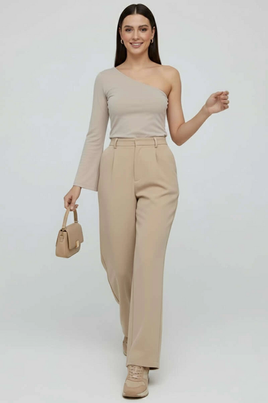 Tek Omuzlu Basic Bluz Vizon T4275