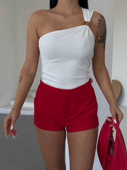 Tek omuzlu Otoman kumaş gold metal detaylı bluz s2311