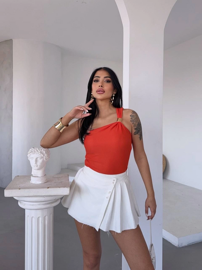 Tek omuzlu Otoman kumaş gold metal detaylı bluz s2311