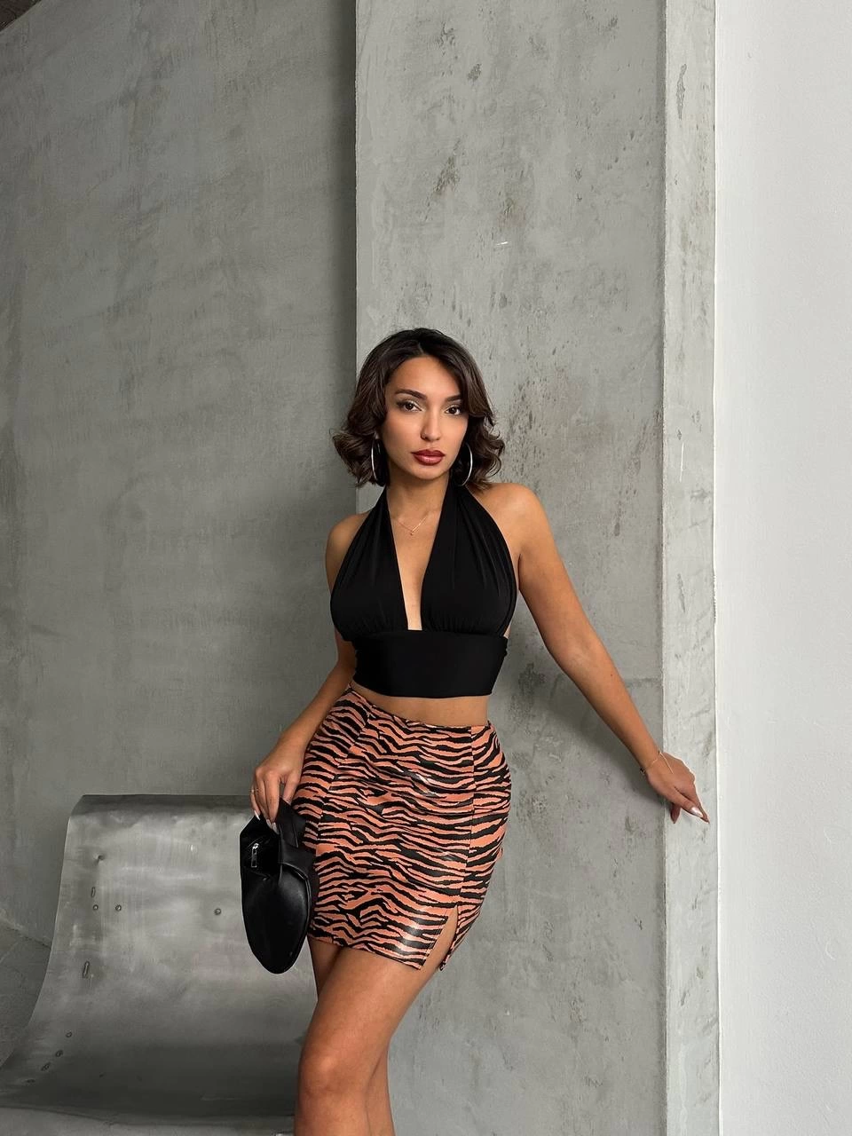 Tek yırtmaçlı zebra desenli deri etek kahvesiyah w24475-S