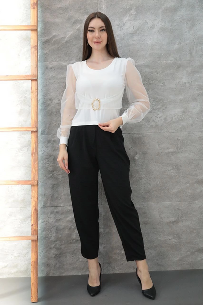 Tokalı tül kollu bluz beyaz t4071