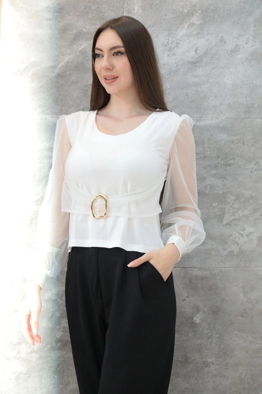 Tokalı tül kollu bluz beyaz t4071