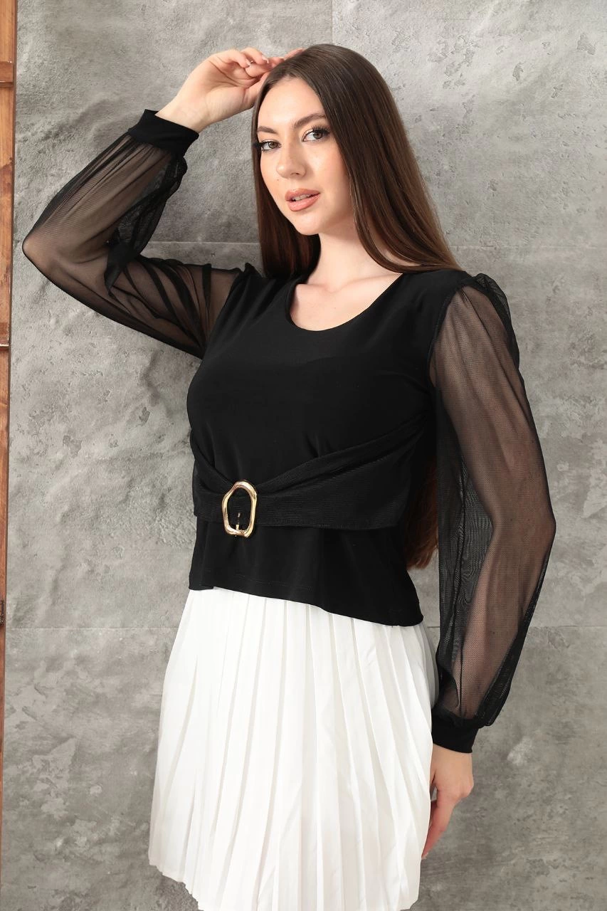 Tokalı tül kollu bluz siyah t4071