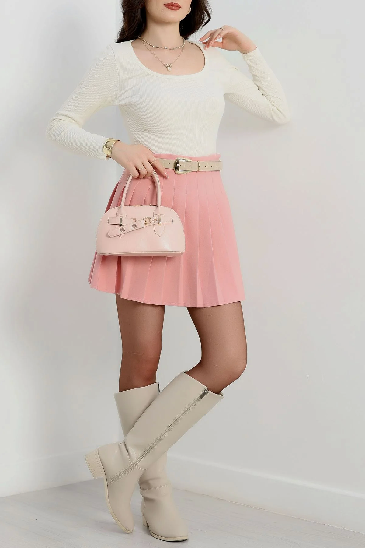 U yaka kaşkorse bluz beyaz A132