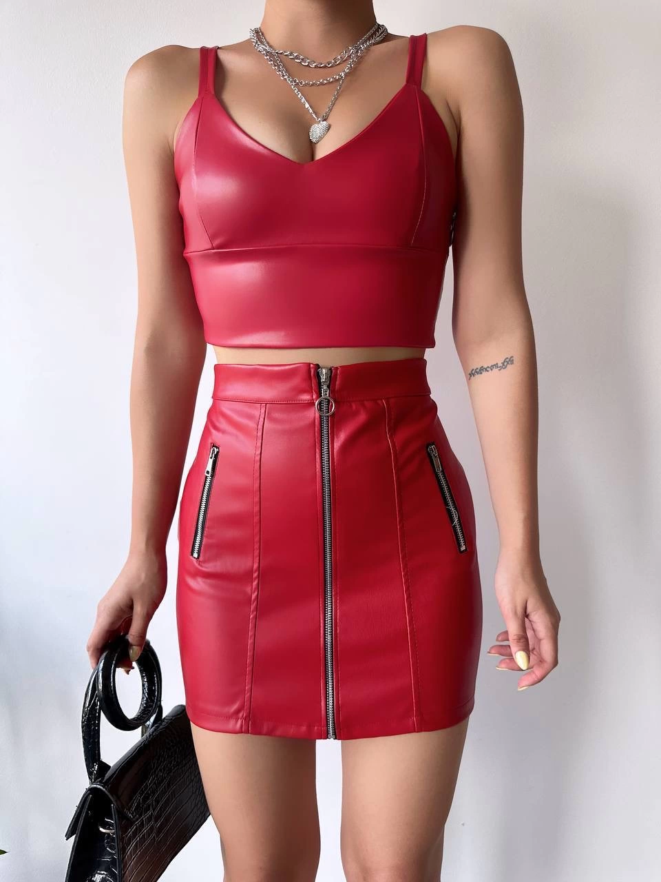 Üç fermuarlı deri etek bordo s24510