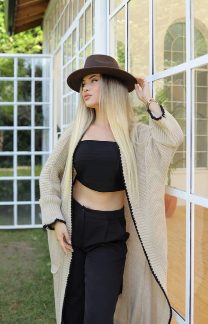 Uzun hırka çoban dikiş bej