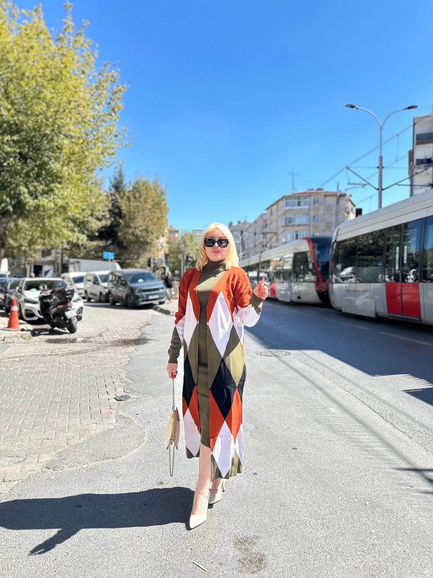 Uzun hırka içi elbise ikili triko takım ekose baklava desen haki kırmızı