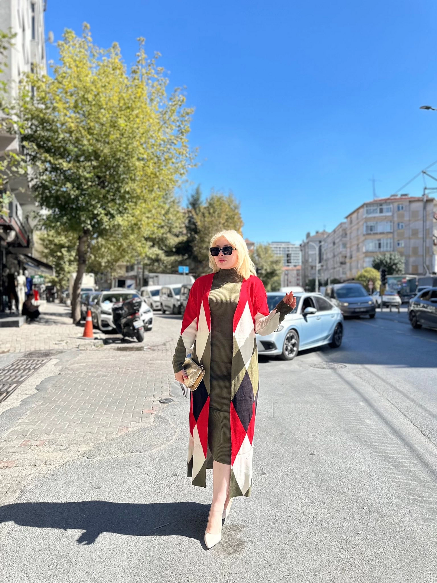 Uzun hırka içi elbise ikili triko takım ekose baklava desen haki kırmızı