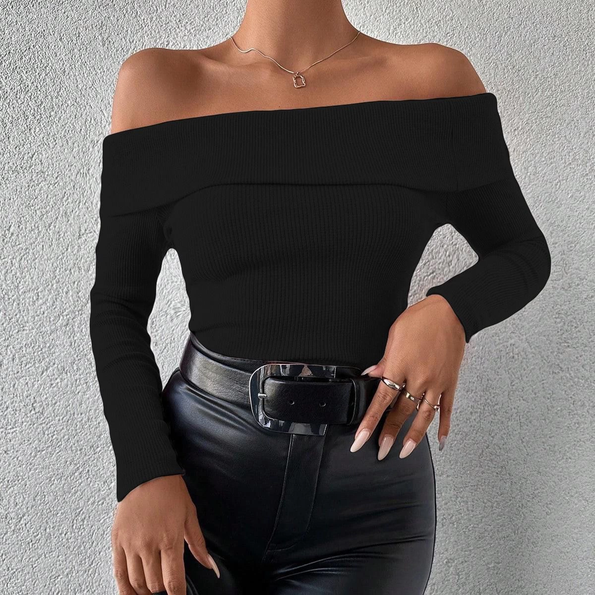 Uzun kol madonna yaka bluz siyah