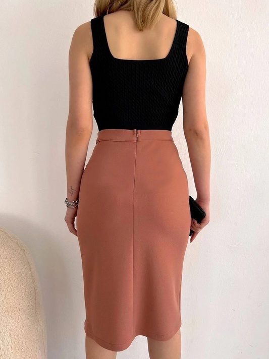 Uzun midi boy yırtmaçlı etek somon s24907