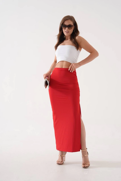Uzun yırtmaçlı ince kumaş etek kırmızı