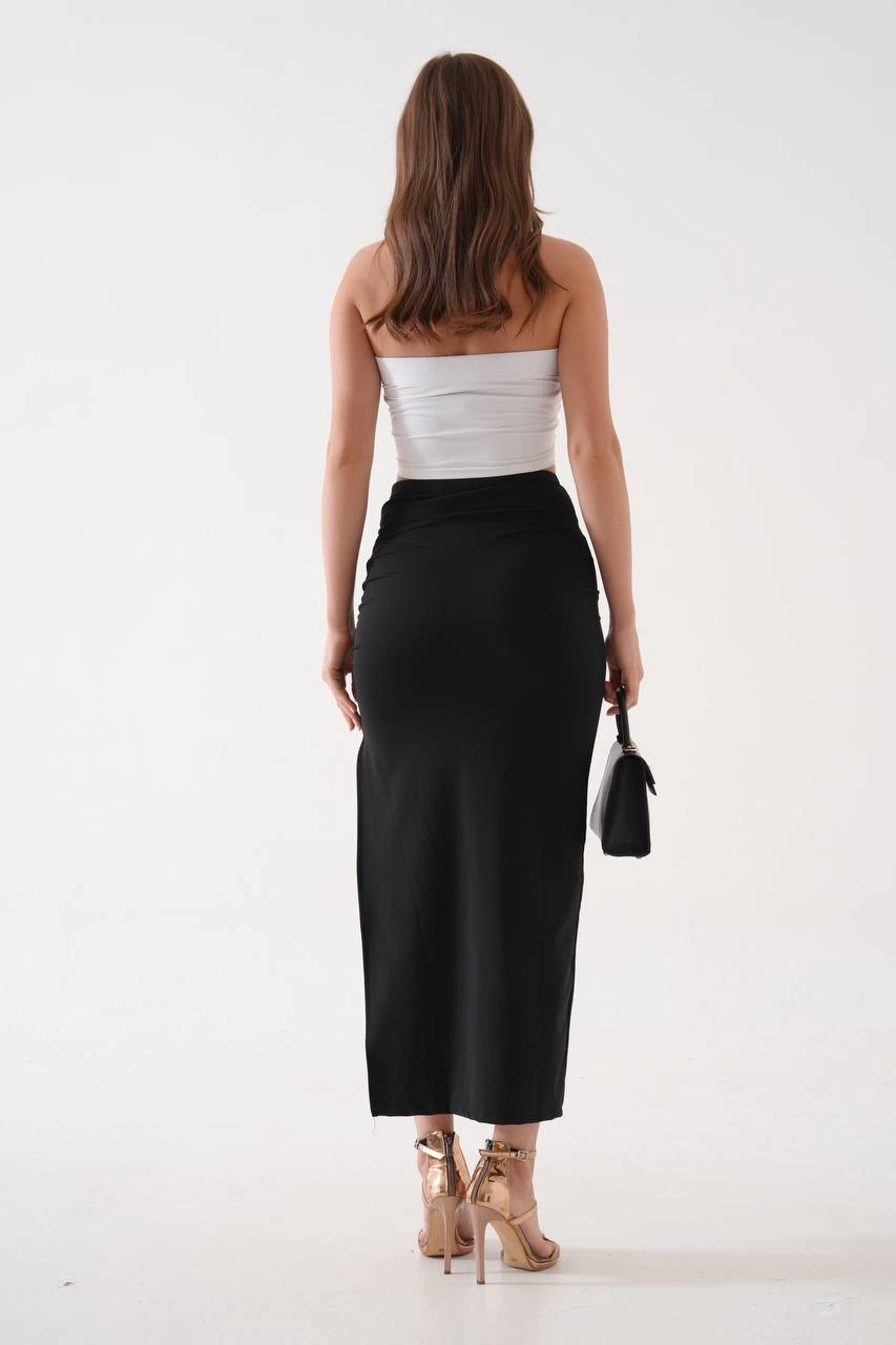 Uzun yırtmaçlı ince kumaş etek siyah