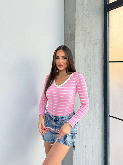V yaka çizgili bluz pembe A3699