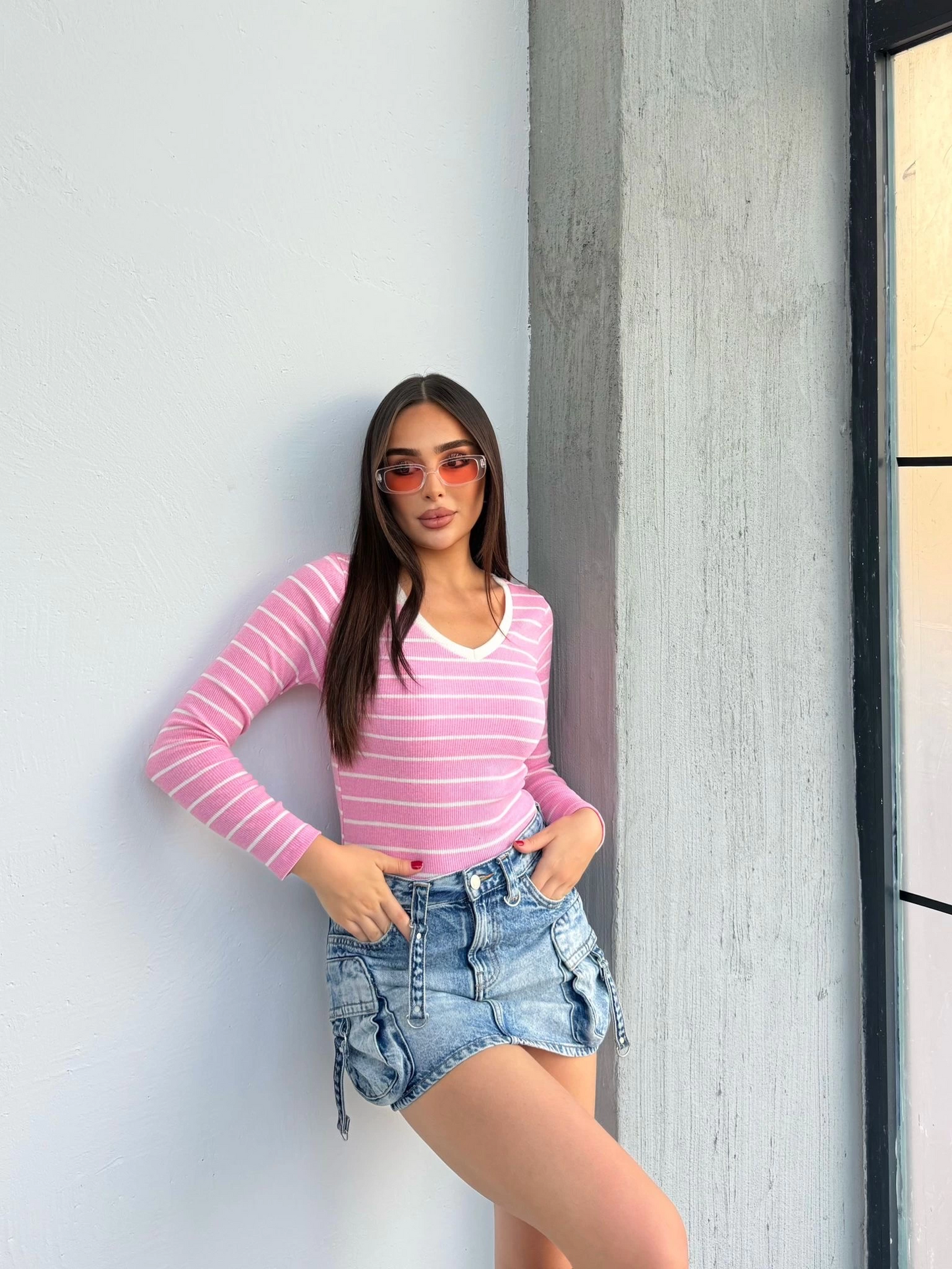 V yaka çizgili bluz pembe A3699