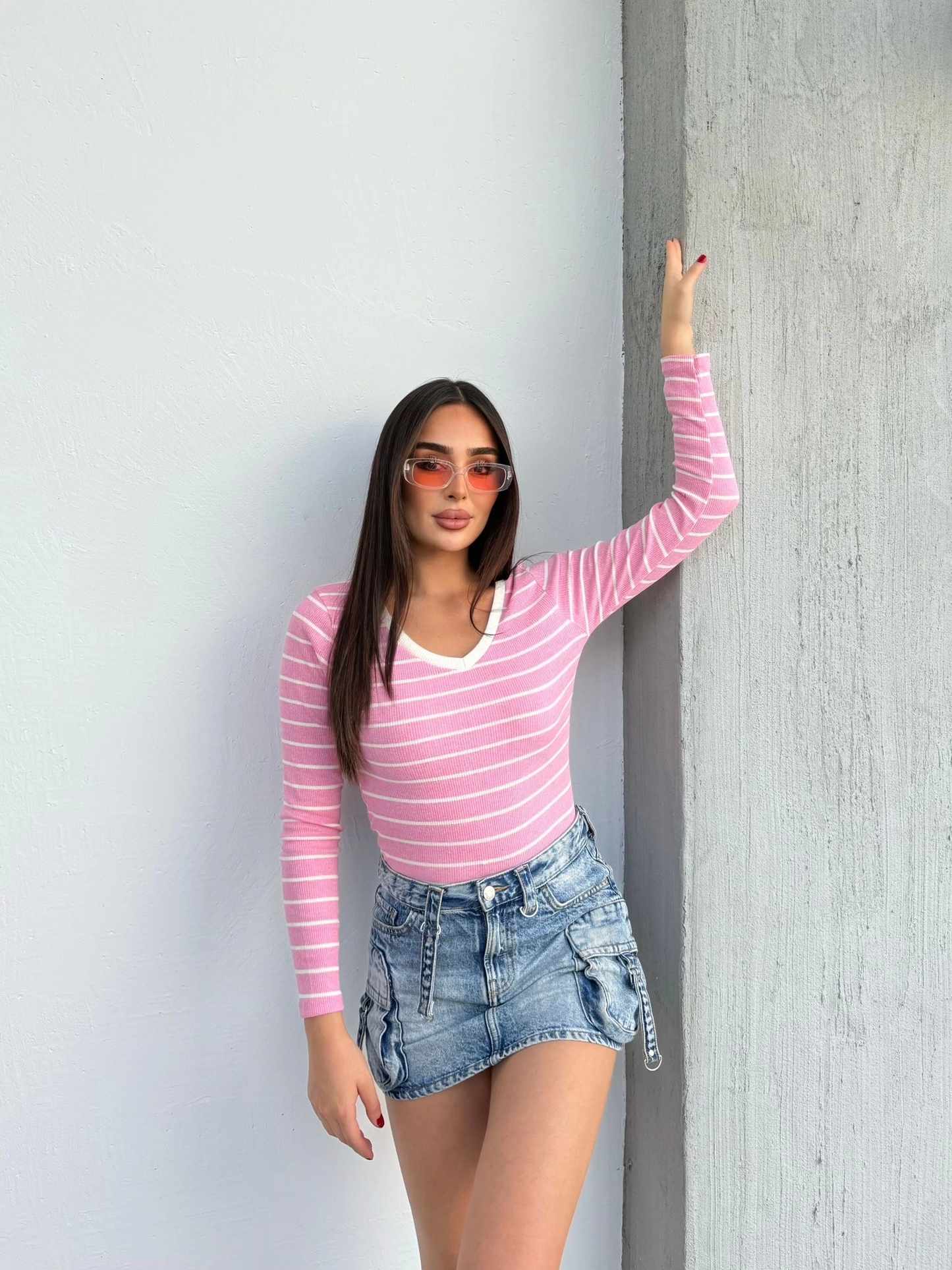 V yaka çizgili bluz pembe A3699